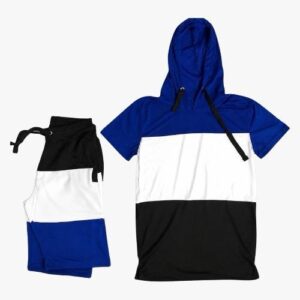 Premium Men’s Hooded T-Shirt & Shorts Set – Blue, White & Black